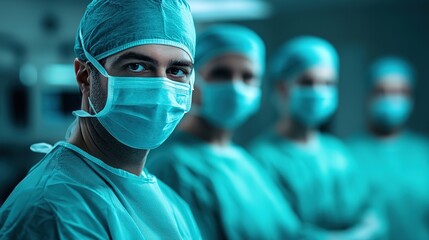 a surgeon,  close up face portrait , doctor team wearing facemask and surgeon cap standing looking at camera