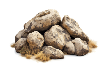 a pile of rocks and grass on a white background cutout image and isolated on transparent background 