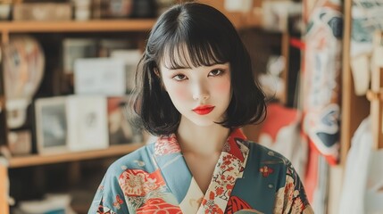 close up face portrait pretty Japanese woman wearing retro vintage attire at home, 60s