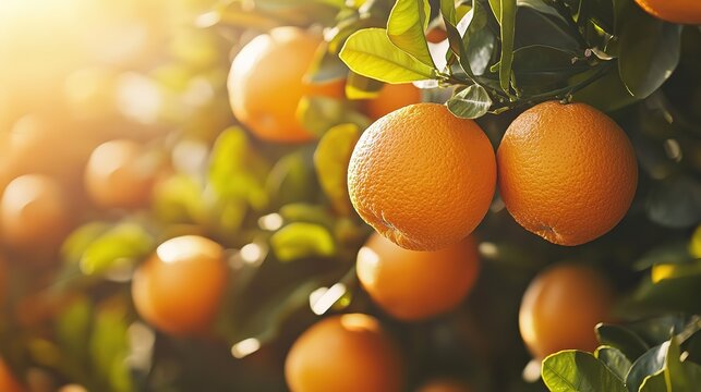 beautiful ripe big orange on tree with light glow from behind