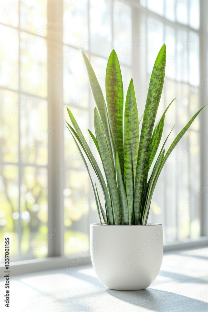 Poster a small potted plant sits on a table in front of a window, perfect for indoor spaces or offices