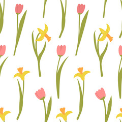 Obraz premium Spring seamless pattern with narcissus and tulip flower branches. Vector flat botanical floral background