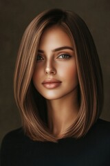 Fototapeta premium A portrait of a young woman with long brown hair and smiling expression