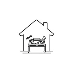 Home renovation icon DIY Home Improvement Icon: Line Drawing of a House with Toolbox Containing Tools