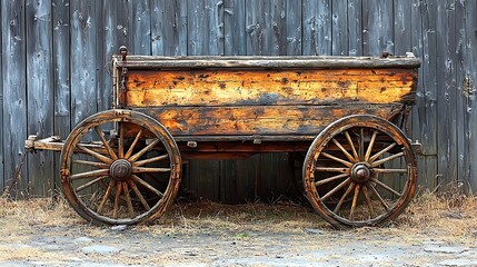 Obraz premium An old weathered wooden wagon sits in front of a fence