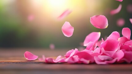 A gentle breeze carrying swirling pastel flower petals through the air