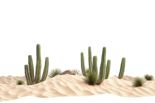 a desert with cactus plants and sand dunes cutout image and isolated on transparent background 
