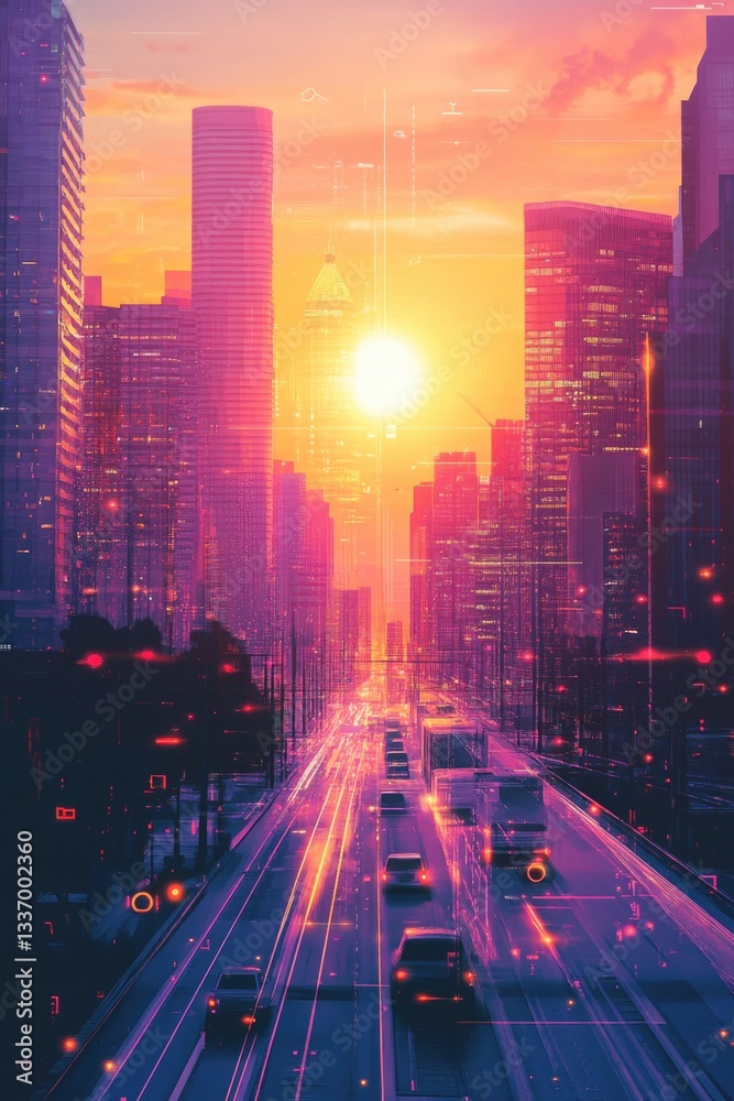 Poster urban landscape captured during golden hour with city lights and buildings visible in the distance, 