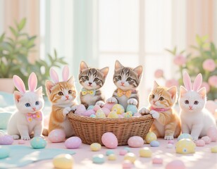 Adorable kittens celebrating easter with colorful eggs