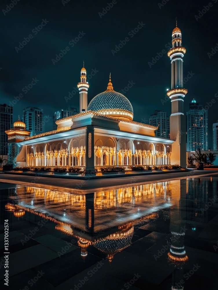 Aufkleber a mosque illuminated at night with its reflection in the surrounding water, providing a peaceful and