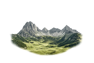 a mountain range with a green valley in the fore cutout image and isolated on transparent background 