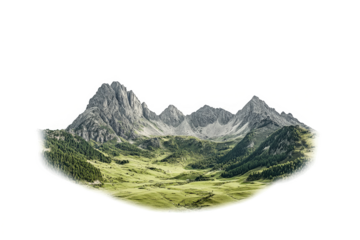 a mountain range with a green valley in the fore cutout image and isolated on transparent background 