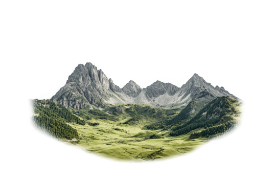a mountain range with a green valley in the fore cutout image and isolated on transparent background  - Powered by Adobe