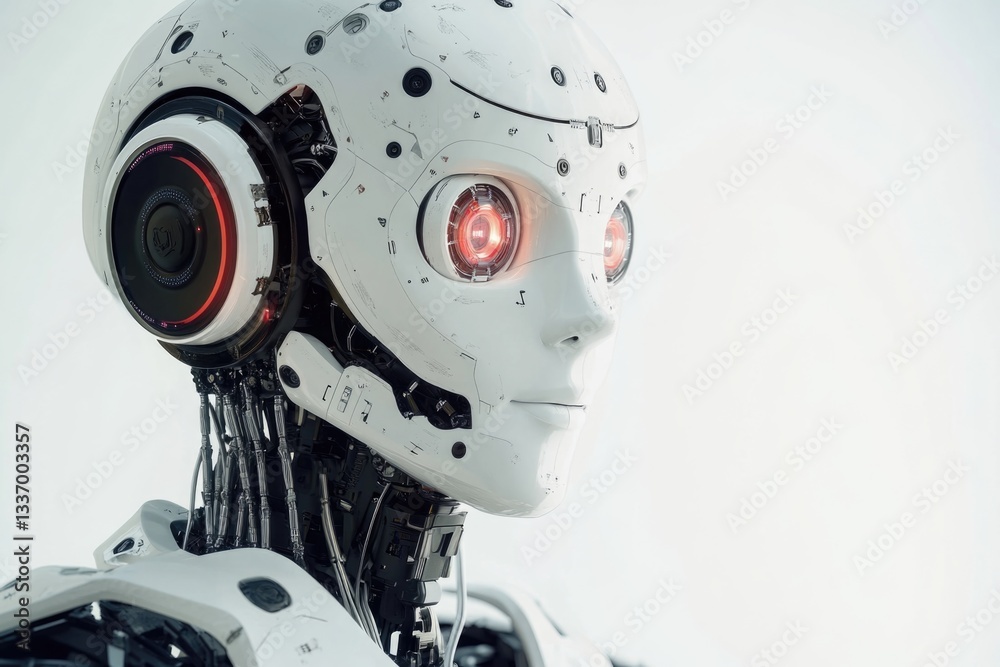 Poster close-up shot of a robot's head with bright red eyes, suitable for sci-fi and technology themes