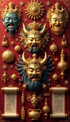 Obraz premium Intricate golden deities and decorative elements arranged against a rich red backdrop, embodying traditional artistry and cultural heritage.