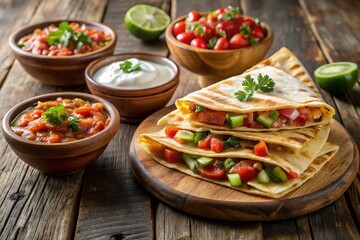 Delicious Assorted Quesadillas with Salsa and Sour Cream - Mexican Food Stock Photo