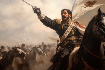 Historical representation of general leading cavalry charge in battle scene