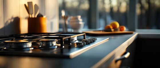 Fototapeta premium Modern Kitchen Gas Stove Sunlight