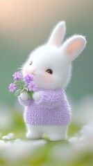 Fototapeta premium cute white baby rabbit holding small purple flower smiling at spring grass field, fluffy white fur look soft and delicate, cuddly miniature animal 