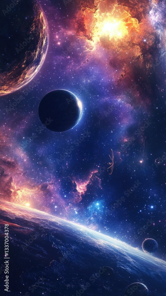 Poster a cosmic view with planets and stars in the galaxy, great for science or technology backgrounds
