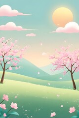 Spring landscape background with flowers and trees