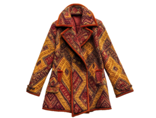 A vintage patterned coat with diamond shapes in shades of yellow, brown, and red on a Transparent Background