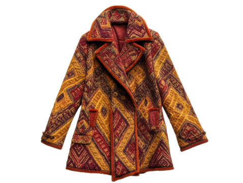 A vintage patterned coat with diamond shapes in shades of yellow, brown, and red on a Transparent Background