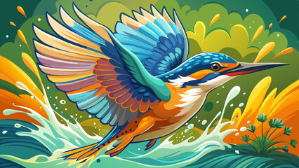 Kingfisher bird diving and splashing, showing its beautiful colors