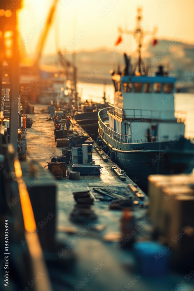 Poster a sailboat is moored in a bustling harbor during golden hour with the sun setting behind