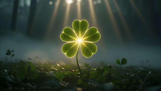 Enchanted Glowing Four-Leaf Clover in a Misty Forest &ndash; Symbol of Luck, Magic, and Prosperity in a Dreamlike Nature Scene