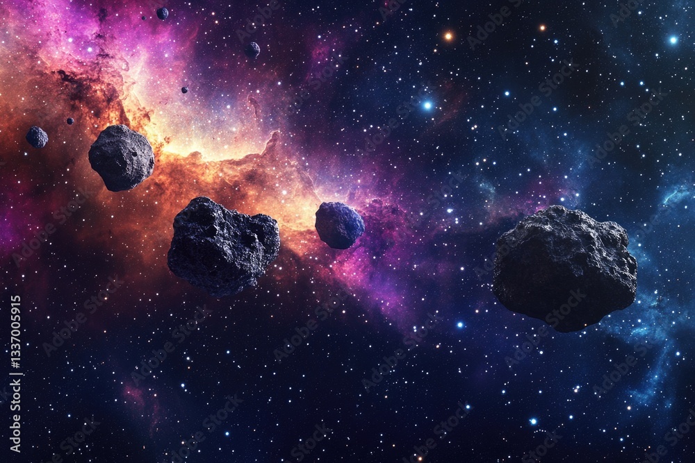 Poster A group of asteroids orbiting in the vastness of space, potential targets for space missions