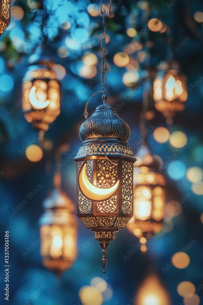 Aufkleber group of lanterns suspended from a tree branch
