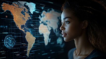 An African American woman looks at a digital world map display