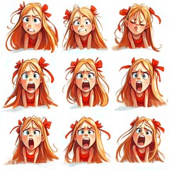 A collection of illustrations depicting a girl with different emotional facial expressions.Suitable for educational materials, animation,character design and projects related to the study of emotions.