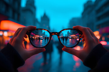 A person is holding a pair of glasses and looking at the city