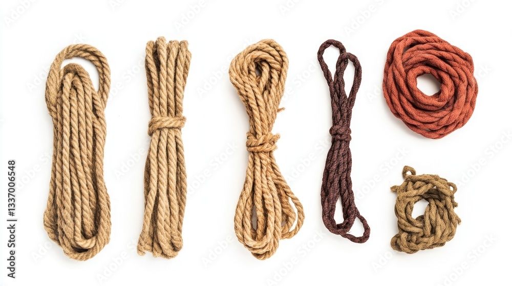 Poster A selection of different ropes laid out on a clean white background, great for use in textile or design concepts