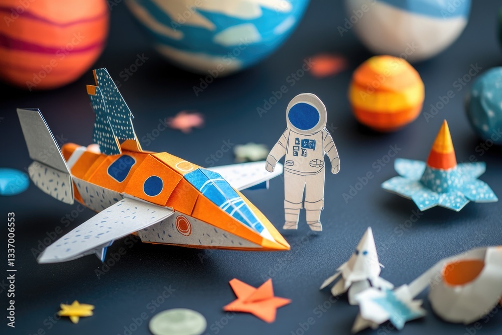 Poster a unique origami design of a space shuttle accompanied by a spaceman, perfect for creative projects