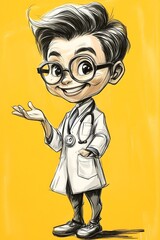 Cartoon illustration of a smiling doctor in a white medical coat, glasses and a stethoscope around his neck. Suitable for children's medical books, health websites.
