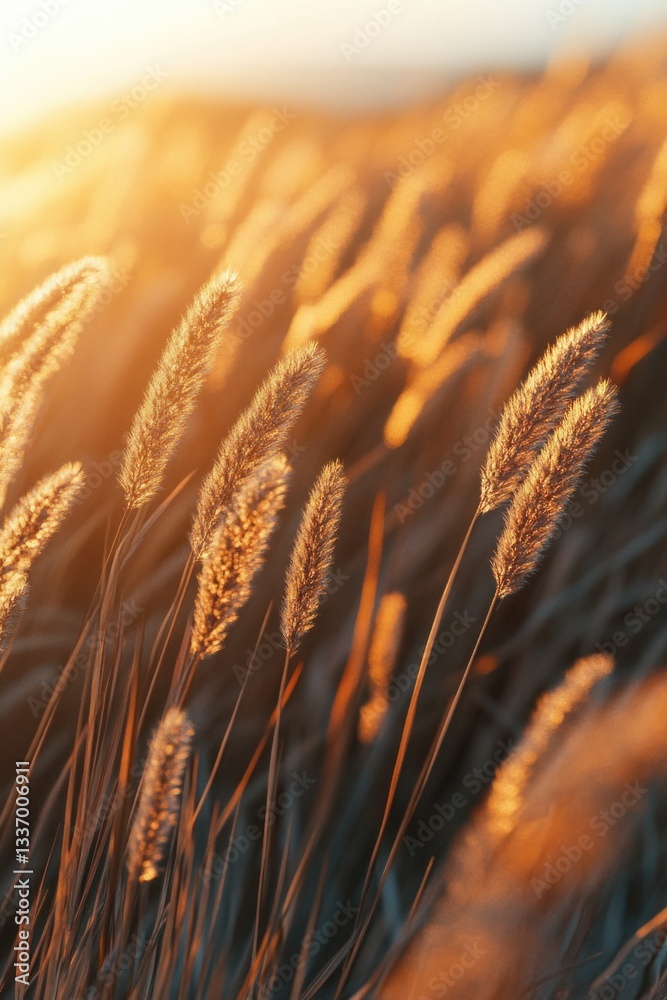Poster a serene scene with tall grass and a beautiful sunset in the background, ideal for use in travel or 