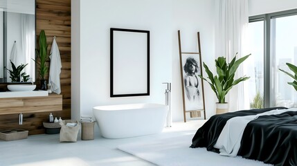 A bedroom with a bed that flows smoothly into a bathroom with a white freestanding bathtub. The interior is done in light colors with wooden elements and large windows.