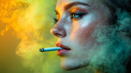 Fototapeta premium Serene Smoke: A close-up shot of a beautiful woman in a vibrant scene, gently exhaling a trail of smoke from her cigarette. The warm and cool tones in the background create a compelling visual.