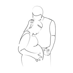 One continuous line art drawing flat illustration person, pregnant, indoor, mother, woman, father, belly, love, couple, family. Isolated image hand draw outline on white background