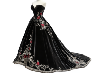 Elegant black gown with floral embroidery displayed on a mannequin against Transparent Background