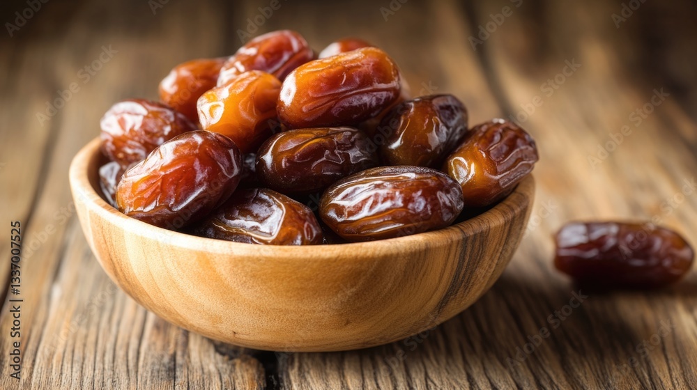Poster a wooden bowl filled with dates sits on a wooden table, perfect for serving or displaying