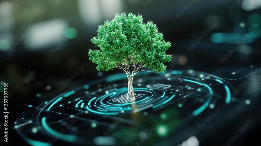 Poster digital transparent tree outline on futuristic background