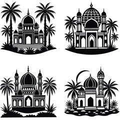 set various mosque black vector silhouette, set of landmarks and monuments