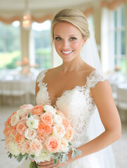 A beautiful bride smiles radiantly while holding a bouquet of soft peach and white roses. Her lace wedding dress and elegant hairstyle enhance the graceful, romantic atmosphere of the moment.