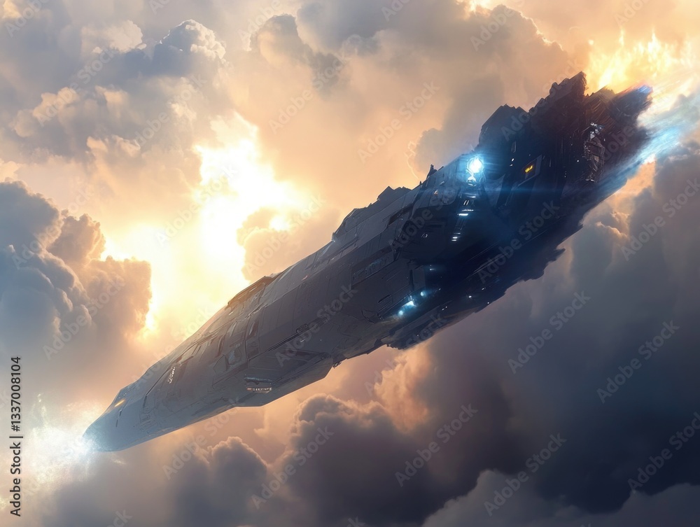 Poster A spaceship flies through a cloudy sky with contrails visible