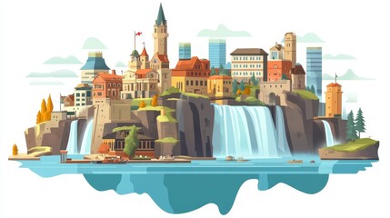 Naklejka premium Cityscape with Waterfalls