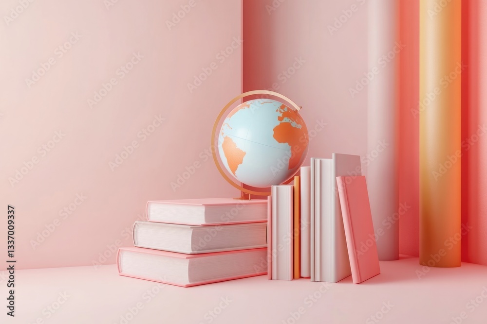 Poster a globe sits atop a stack of books, symbolizing knowledge and exploration